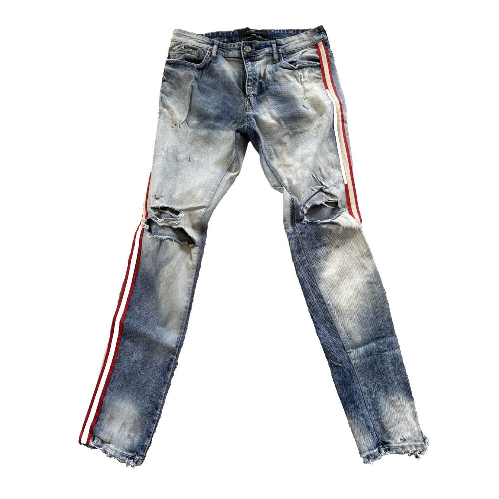 Jordan Craig Sean Jeans Mens 36 x 34 Blue Light Wash Distressed Striped Straight